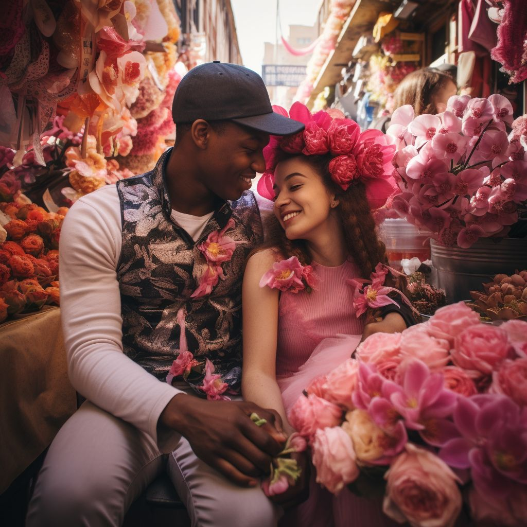 A romantic couple adorned with pink flowers and totally in love smile at each other