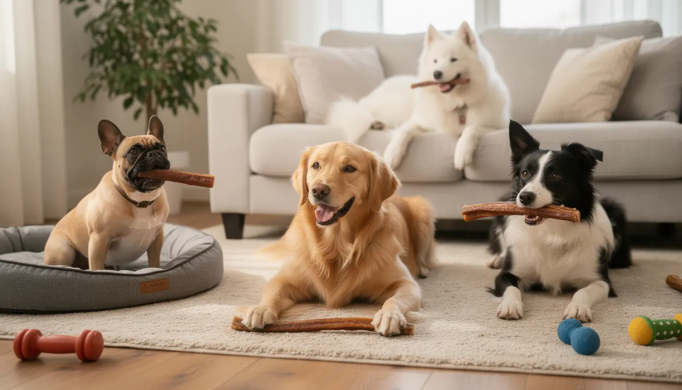 The image depicts a joyful group of dogs from various breeds happily chewing on premium bully sticks in a cozy home environment. These natural treats are ideal for maintaining dogs' dental health, providing a safe and enjoyable chewing experience for both small and large breeds.