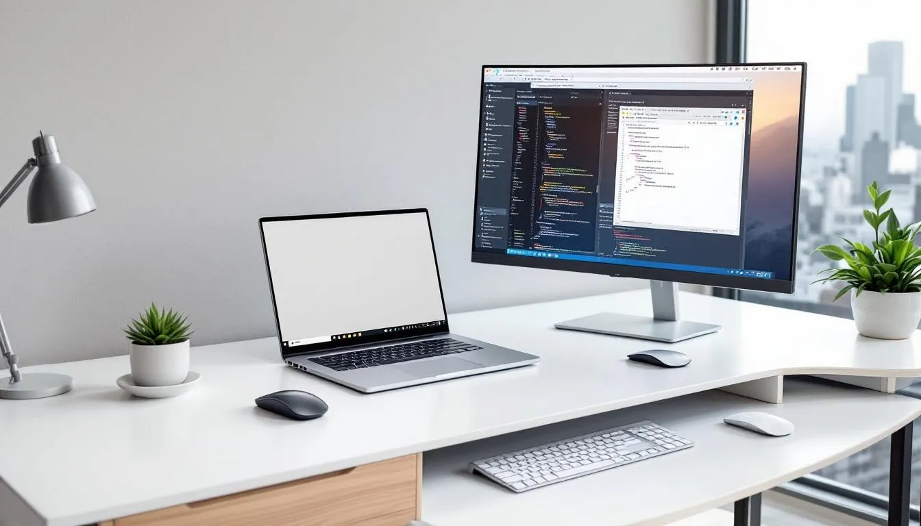 A sleek refurbished laptop is prominently displayed on a modern desk, showcasing a professional workstation setup. The environment suggests efficiency and quality, ideal for customers seeking reliable equipment with cost savings and a limited hardware warranty.