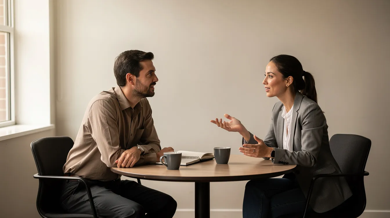 Deux collègues sont engagés dans une conversation concentrée dans une salle de réunion calme, baignée de lumière naturelle. Cette interaction met en avant des compétences managériales essentielles, telles que l'écoute et la prise de décision, favorisant ainsi le développement personnel et le leadership au sein de l'équipe.
