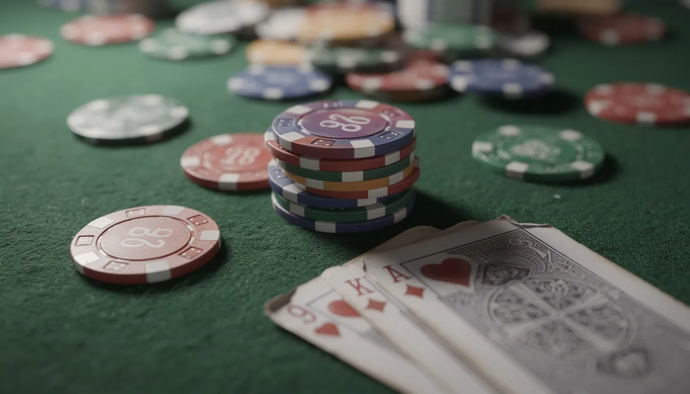 En närbild av kasinochips och spelkort ligger på ett grönt spelbord, vilket skapar en atmosfär av spänning och strategi för storspelare som vill spela ansvarsfullt. Det syns också detaljer av kortens mönster och färger, vilket förstärker känslan av att vara på ett live casino.