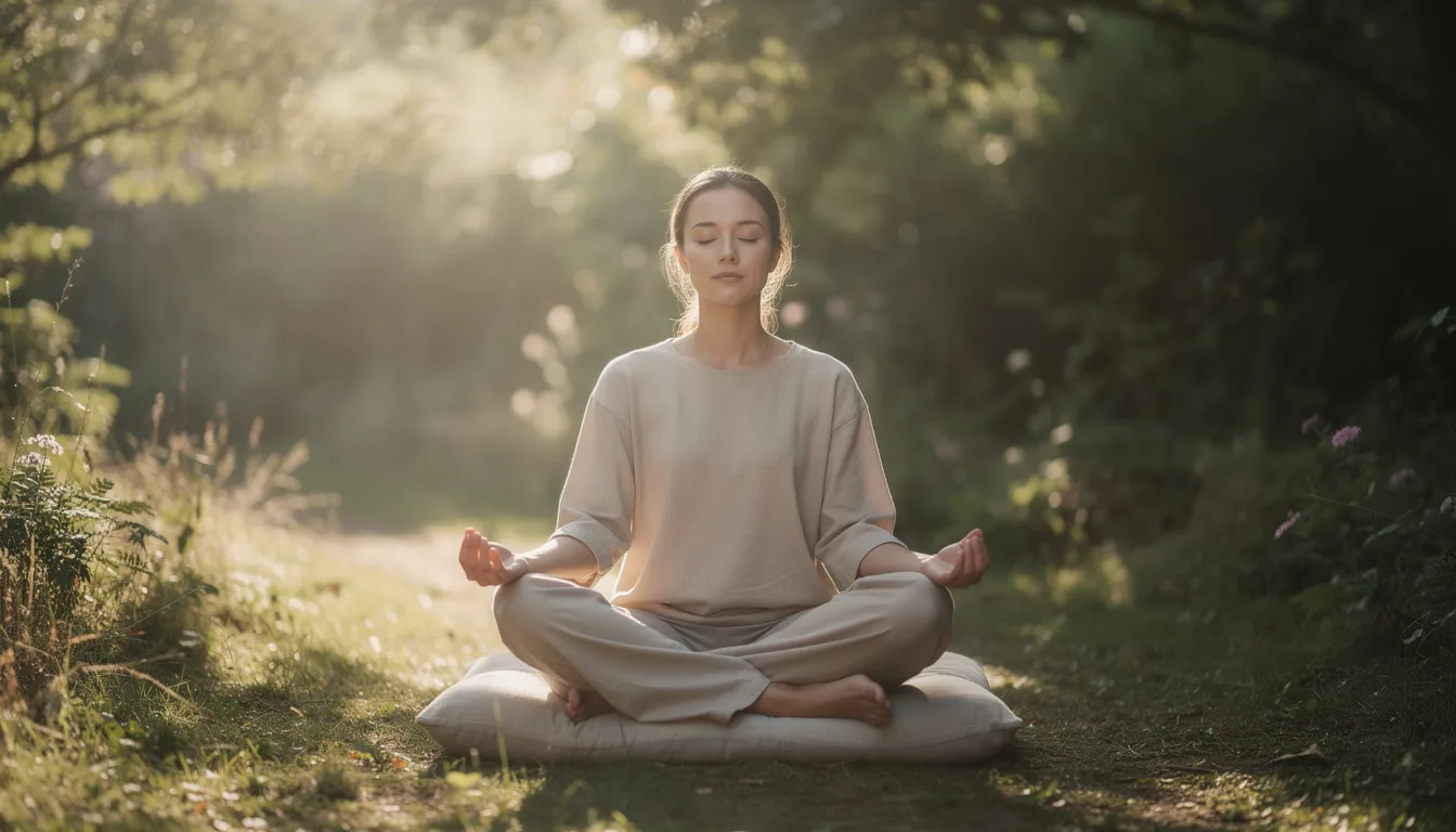 A person is practicing meditation with their eyes closed in a serene environment, surrounded by nature, promoting mental well-being and stress relief. This peaceful setting may also symbolize the benefits of contrast therapy, which enhances blood flow and aids muscle recovery.