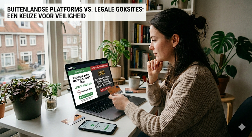 Speler die verschil bekijkt tussen buitenlandse goksites en legale online casino’s in Nederland, met informatie over veiligheid en vergunning van de Kansspelautoriteit.