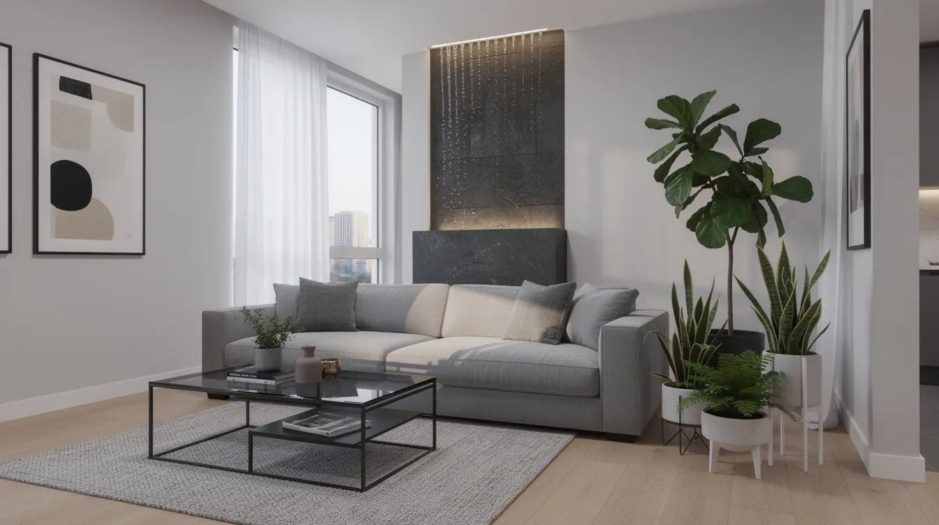 The image depicts a modern apartment living room featuring a cozy arrangement with lush plants in the eastern corner and a tranquil water feature positioned near a north-facing window, creating a harmonious balance that reflects principles of feng shui and the five elements theory. The design emphasizes urban life with a serene atmosphere, perfect for emotional well-being and relaxation.