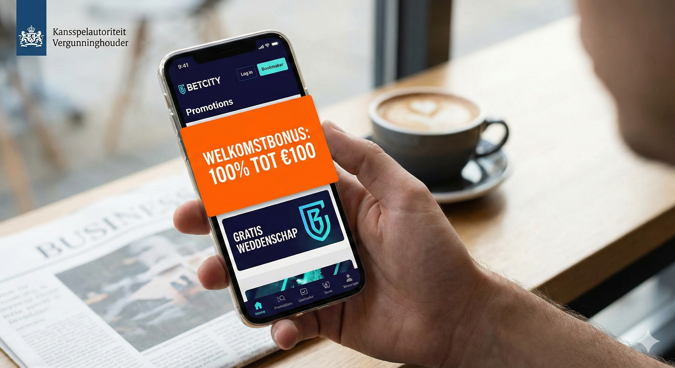 Persoon bekijkt BetCity-promotie met welkomstbonus op smartphone in café.