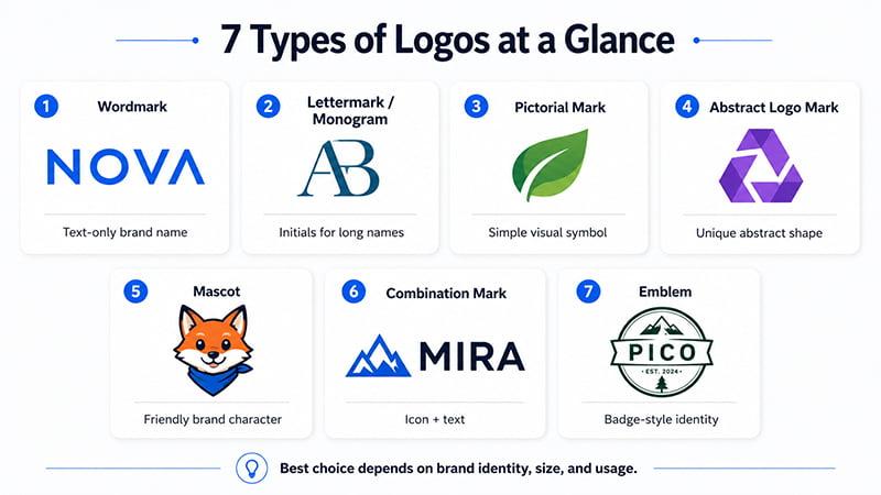 Seven types of logos comparison chart with wordmark, lettermark, pictorial, abstract, mascot, combination and emblem