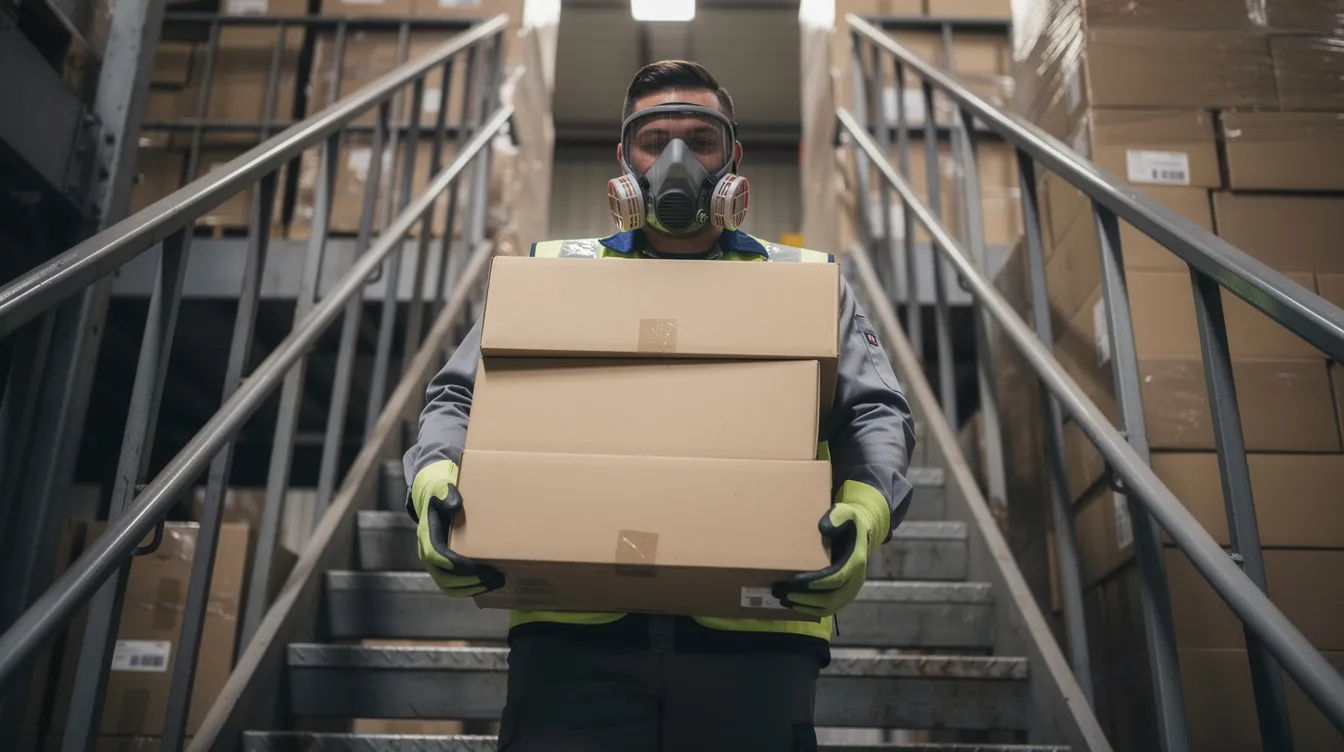 Worker in protective gloves and respirator carrying boxes down narrow stairs during a professional hoarding cleanup