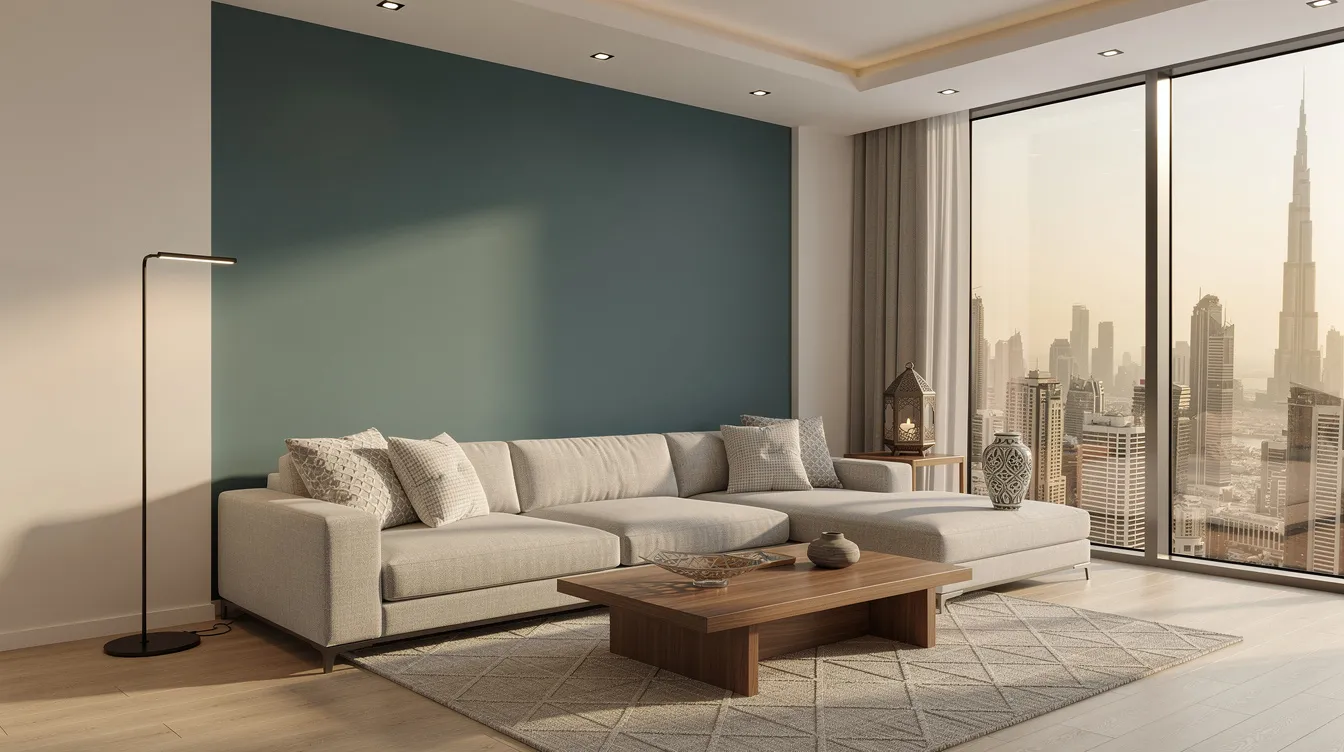 The image depicts a modern Dubai apartment living room featuring a fresh coat of paint and a stylish feature wall, showcasing a clean and inviting atmosphere. This space exemplifies high-quality interior painting services, perfect for those seeking a fresh look in their home.