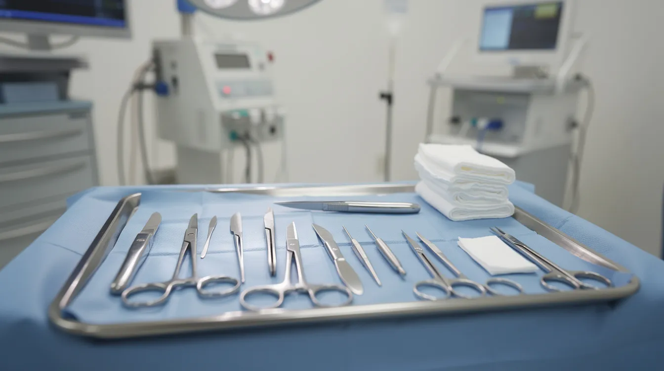 The image shows a sterile surgical tray neatly arranged with various medical instruments in an outpatient operating room, ready for a procedure. The setup suggests a focus on surgeries, possibly including treatments for conditions like inverted nipples or breast surgery.