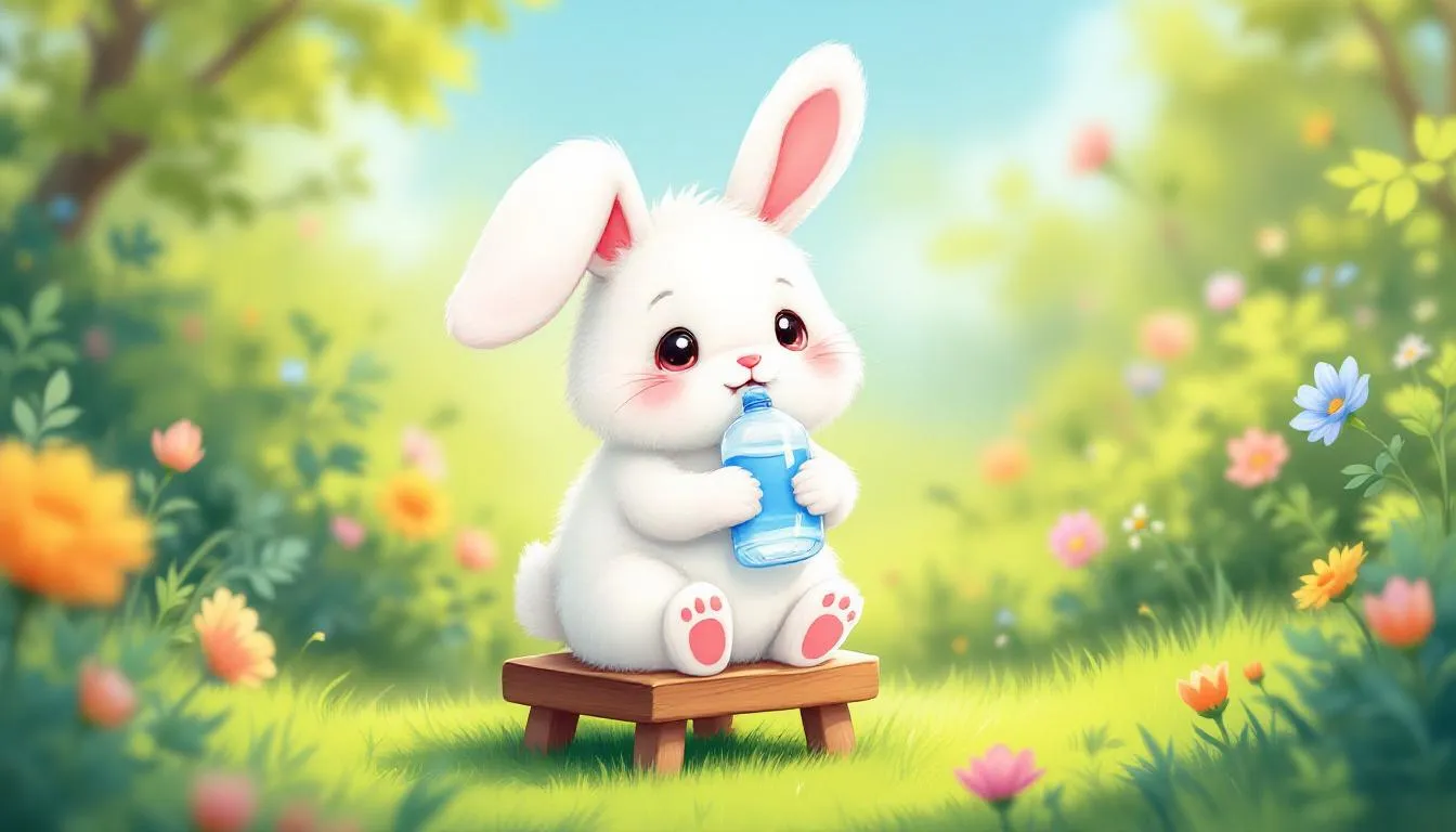 A rabbit drinking water from a water bottle, highlighting the importance of hydration.