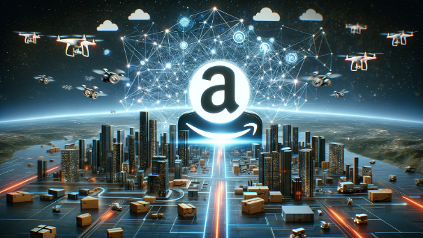 cityscape with ai neural network and amazon logo symbolizing its use of technology to combat counterfeit goods