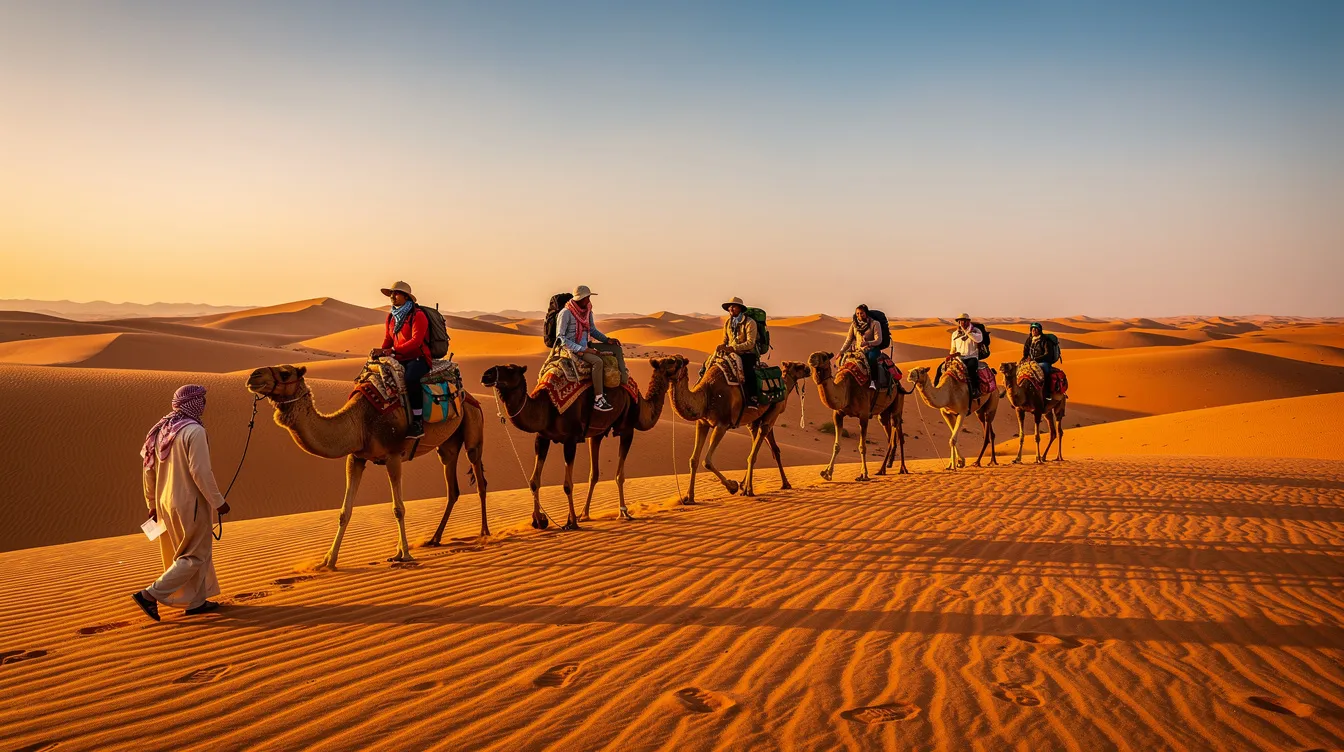 A group of travelers is riding camels across the picturesque sand dunes of the Sahara Desert, with a guide leading the way, showcasing the beauty of shared desert tours from Marrakech. This unforgettable journey offers an amazing adventure through the stunning landscapes of Morocco.