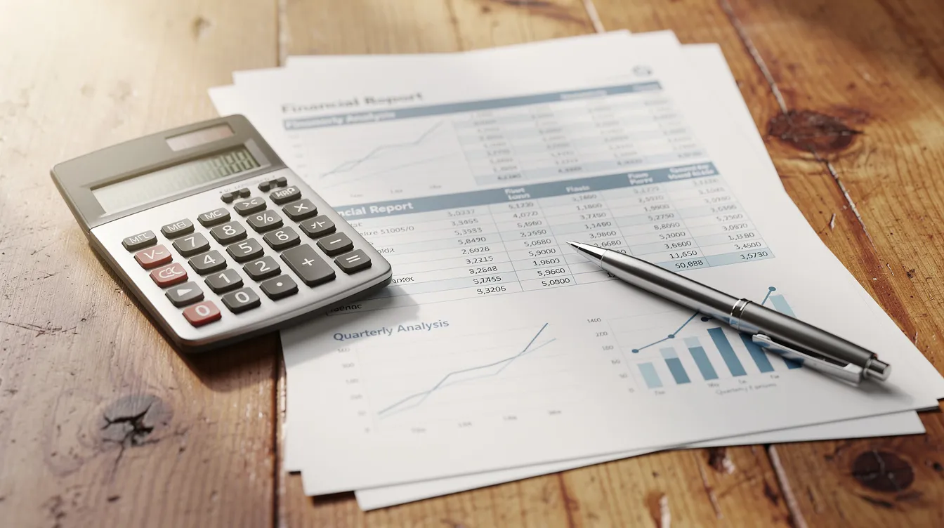 aa108d60 ea0d 41a2 8296 300f4c2ea84a The image displays a collection of financial documents, including a project report and financial statements, alongside a calculator and pen, all neatly arranged on a wooden desk. This setup suggests preparation for a business loan application, highlighting essential elements like repayment plans and financial projections for small businesses.