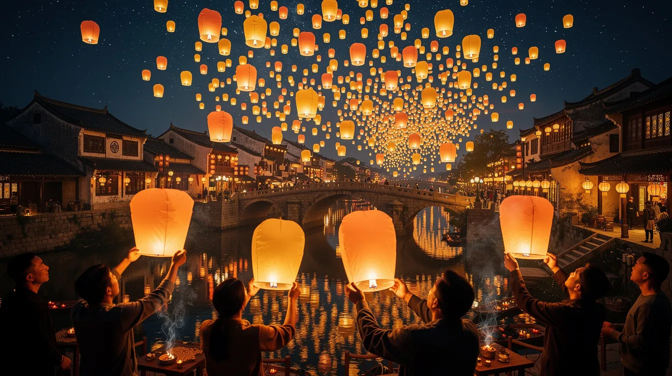 A imagem retrata o vibrante Festival das Lanternas, que acontece em Chiang Mai, na Tailândia, onde milhares de lanternas coloridas iluminam o céu noturno, criando um espetáculo mágico. O evento, que celebra o Ano Novo, é realizado em locais icônicos como o templo Wat Phra Singh, atraindo tanto locais quanto turistas em busca de uma experiência cultural única.