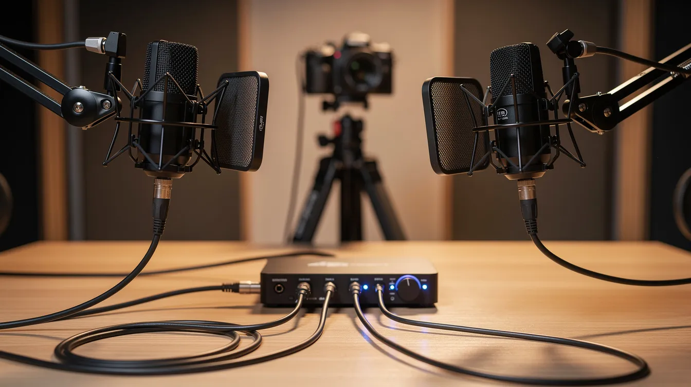 A close-up view of a podcast desk featuring two dynamic microphones mounted on boom arms, with a camera in the background, perfect for producing high-quality recordings. This professional setup is ideal for capturing crystal-clear audio and video for engaging podcast episodes in Atlanta. A close-up view of a podcast desk featuring two dynamic microphones mounted on boom arms, with a camera in the background, perfect for producing high-quality recordings. This professional setup is ideal for capturing crystal-clear audio and video for engaging podcast episodes in Atlanta.