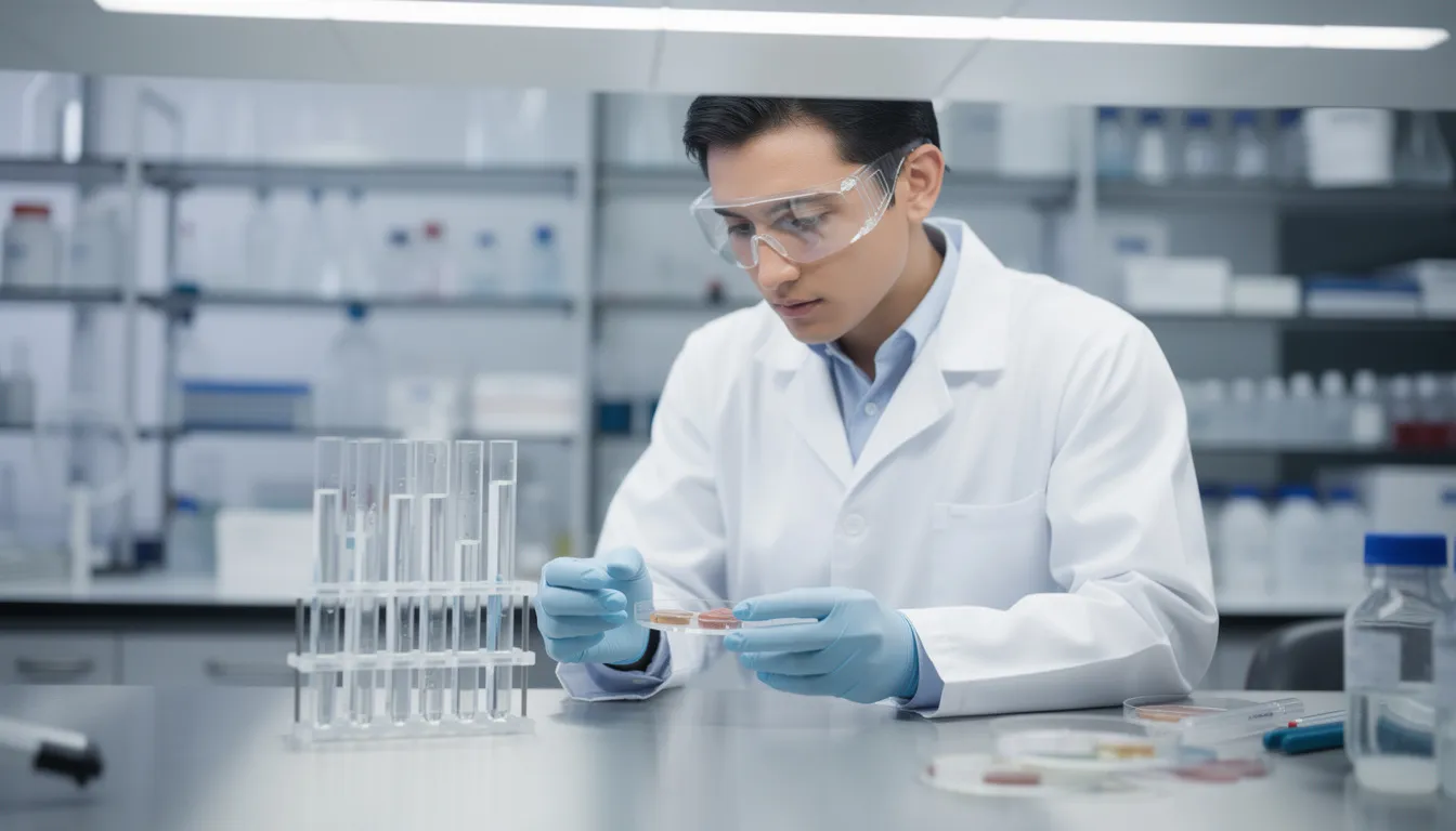A scientist is closely examining laboratory samples under bright clinical lighting, focusing on the intricate details that may relate to peptide therapy and its role in weight management. The setting emphasizes the importance of research in understanding fat metabolism and promoting significant weight loss through innovative treatments.