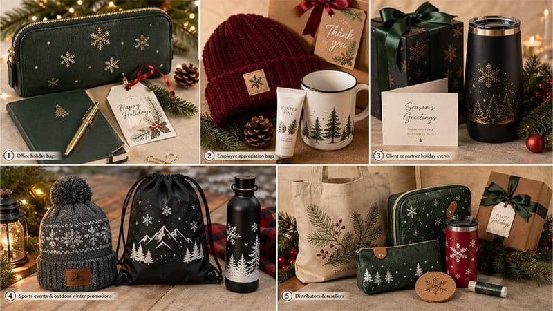 Adult Christmas gift bag ideas for office teams, employee appreciation, client events, outdoor winter promotions, and distributor holiday gifting