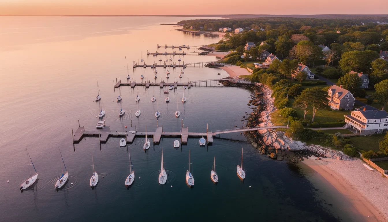 An aerial view captures the scenic beauty of Connecticut's coastline at sunset, showcasing boats anchored in a calm harbor surrounded by picturesque landscapes. This vibrant scene reflects the coastal charm and rich history of the area, highlighting the tranquil lifestyle enjoyed by residents along the Long Island Sound.