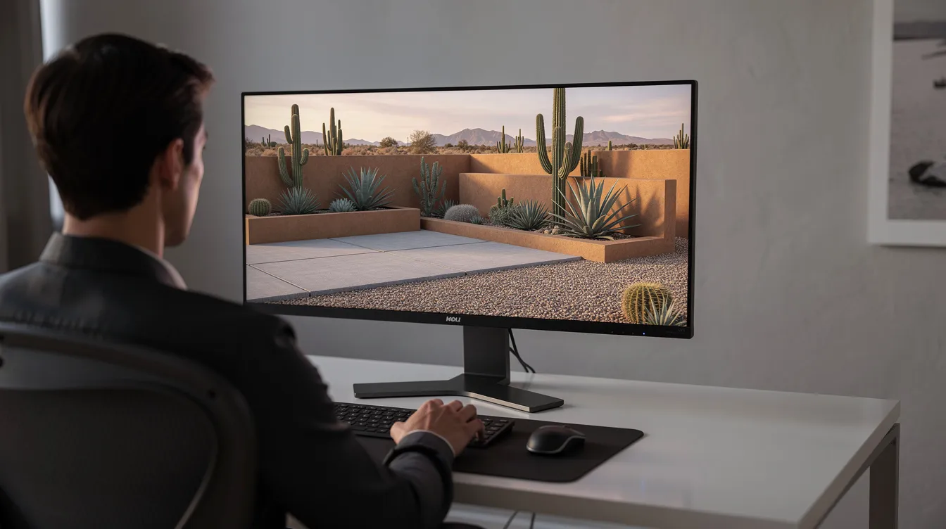 A person is seated at a desk, intently viewing a large monitor displaying a detailed 3D landscape design rendering of an outdoor space featuring a patio and a desert garden. The design showcases various outdoor features, including hardscape elements and living elements, emphasizing the principles of landscape architecture.
