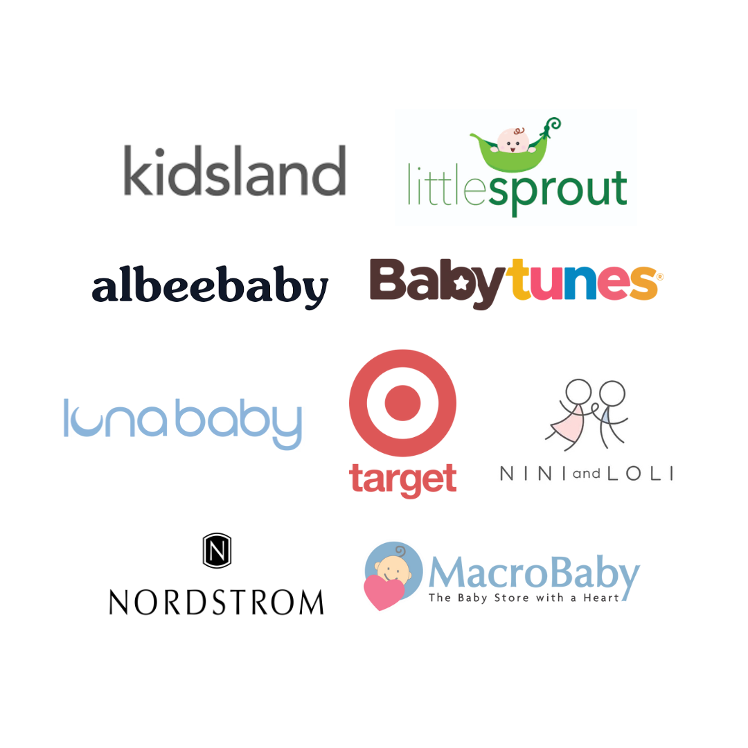 Retailer logos showing where Mima strollers are sold. Mima models—including the Xari Max, Creo City Stroller, and Miro Travel Stroller—are available at premium baby stores in New York City, Los Angeles, Orlando, and Miami.