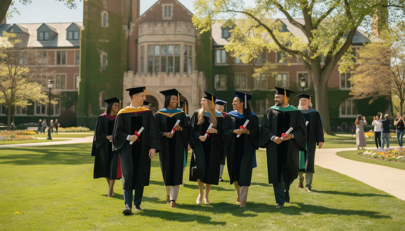 A group of graduates in caps and gowns walk across a university campus lawn, celebrating their graduation day. The scene captures the joy and accomplishment of students who have earned their degrees, ready to enter the next chapter of their lives.