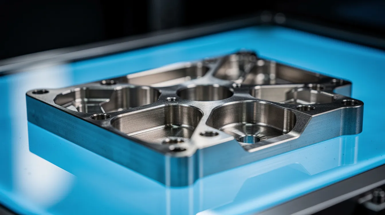 This close-up macro shot features a complex 5-axis CNC machined aerospace component made of titanium, showcasing its exceptional quality and intricate geometric details on a glowing blue illuminated inspection table. The flawless surface finish highlights the precision CNC machining techniques used in its production, representing Anbon's commitment to delivering industrial-grade machining solutions.