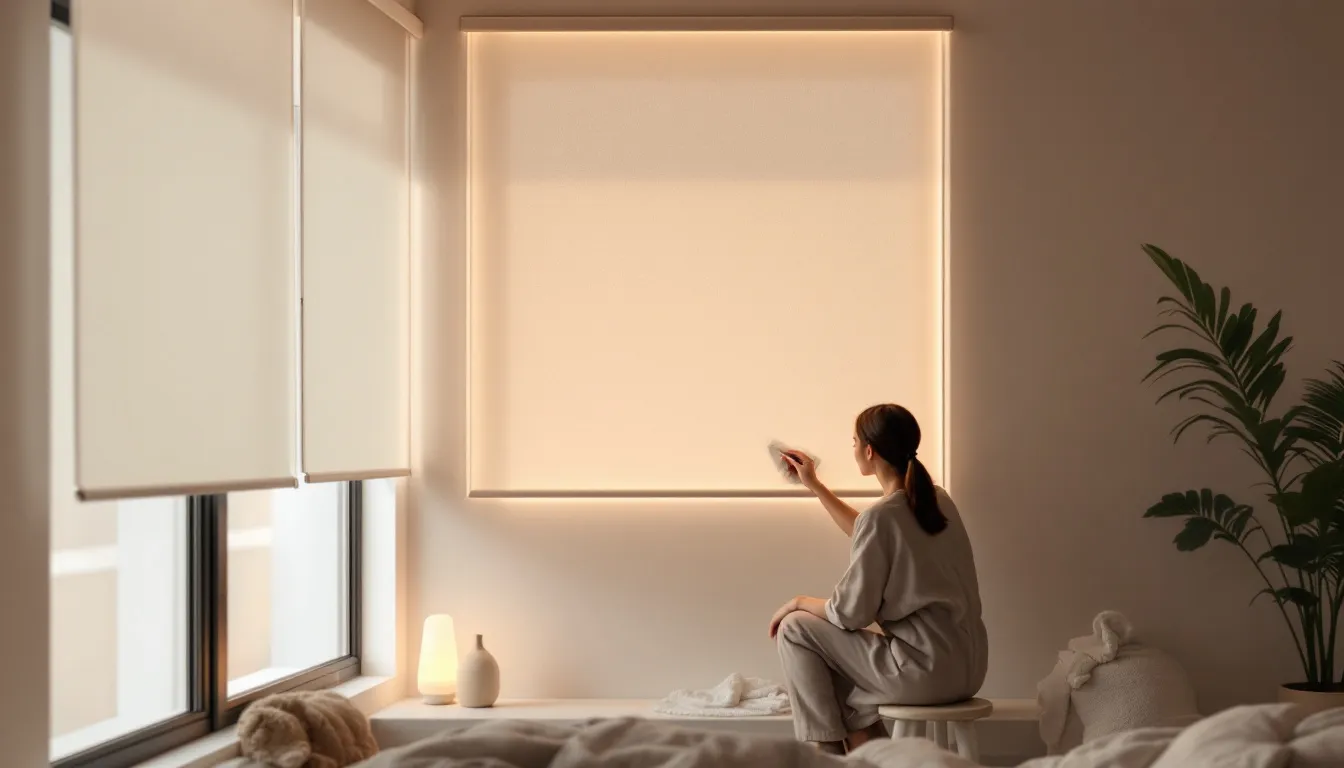 A person cleaning and maintaining blackout window shades.