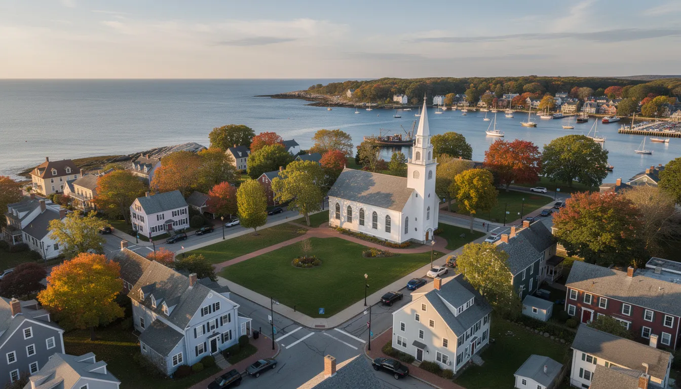 An aerial view showcases a charming New England coastal town, featuring a historic town green, a white church steeple, and tree-lined streets that embody the small town charm of coastal Connecticut. This picturesque landscape highlights the town's rich cultural heritage and relaxed coastal lifestyle, making it a perfect destination for outdoor enthusiasts and history buffs alike.