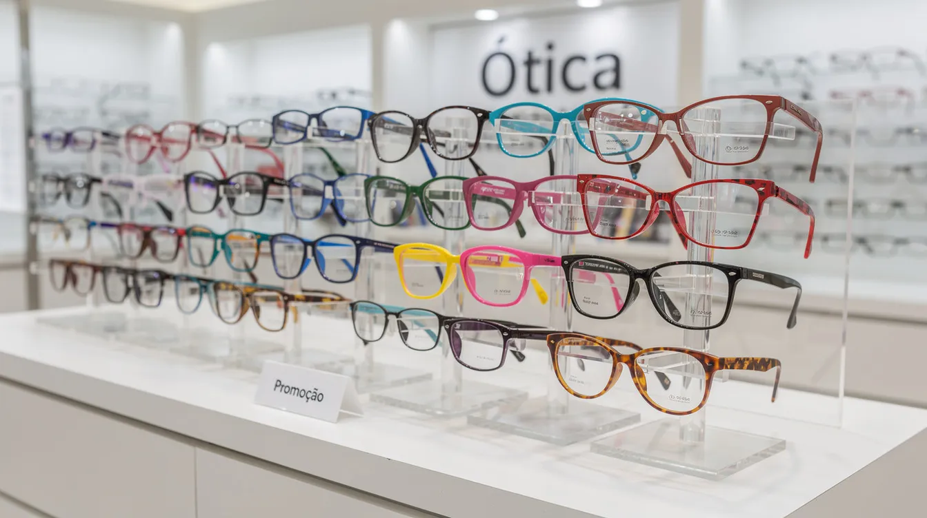 Uma variedade de armações de óculos coloridos está organizada em um display de ótica, destacando diferentes estilos e modelos disponíveis nas lojas. As armações, que variam em formas e cores, são apresentadas de forma a facilitar a escolha para quem busca conforto e qualidade de vida na saúde visual.