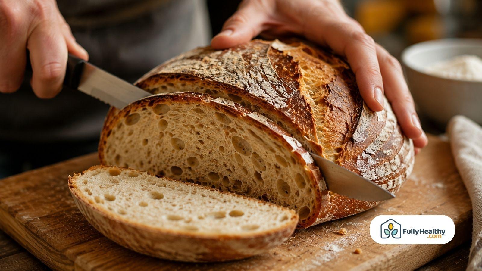 Freshly sliced traditional sourdough bread with a crispy crust on a wooden cutting board.