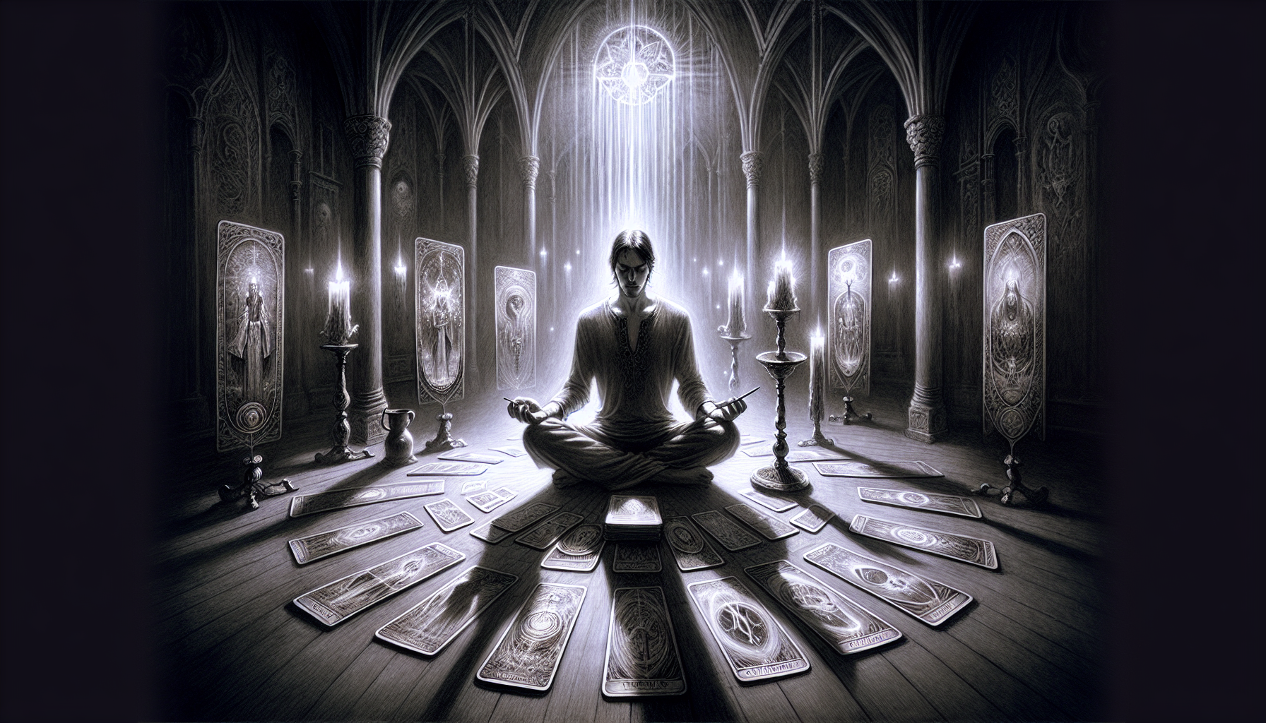 Illustration of a person in deep spiritual reflection with tarot cards