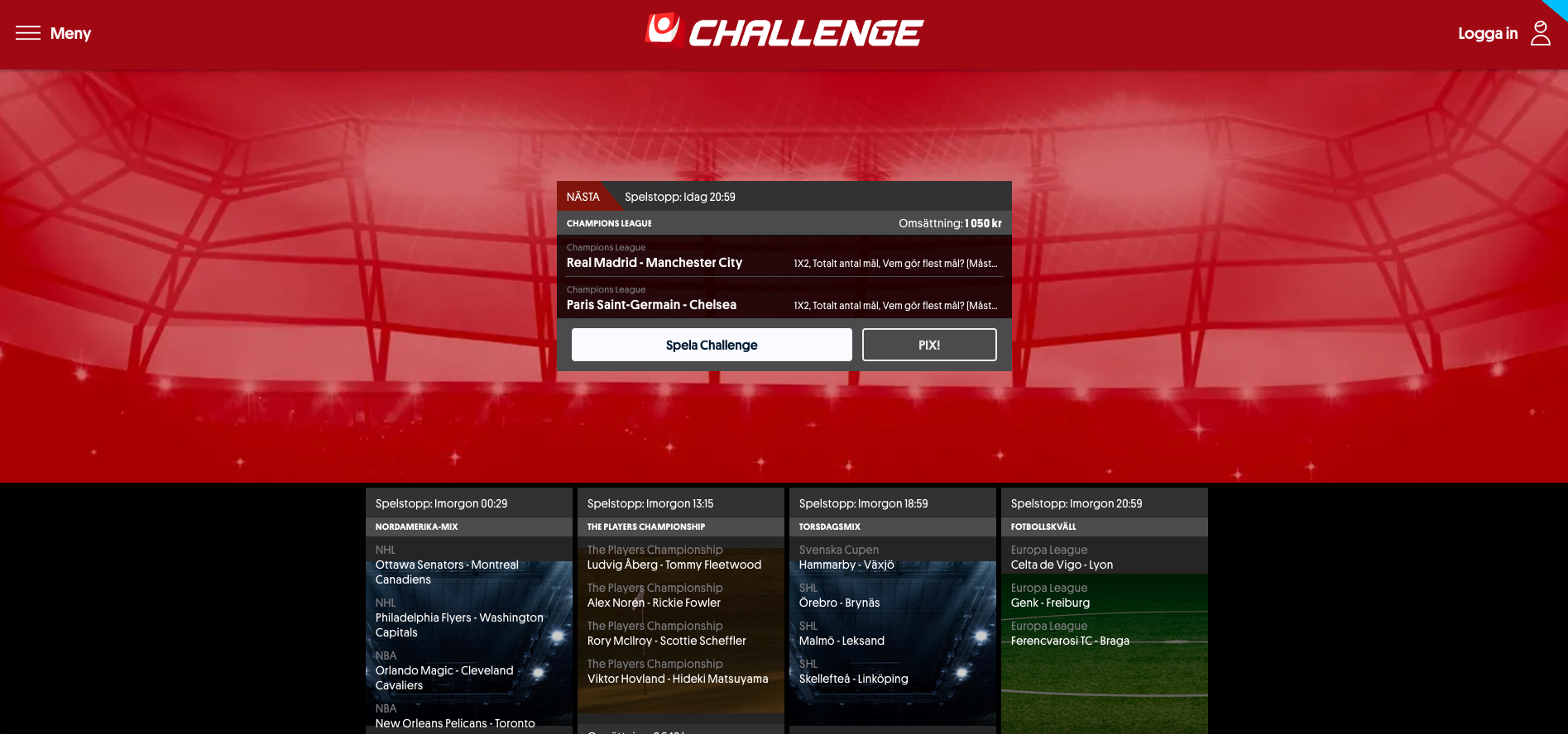 Challenge hos Svenska Spel Sport & Casino där spelare kan spela på fotbollsmatcher som Real Madrid mot Manchester City och PSG mot Chelsea. Odds, statistik och spelkupong visas på webbplatsen, 18 år gäller och spelstopp finns via Spelkoll.