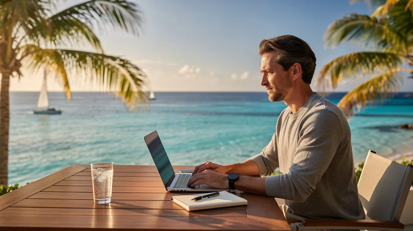 Een ondernemer werkt geconcentreerd op zijn laptop met een prachtig uitzicht op de Caribische zee, terwijl hij mogelijk bezig is met het registreren van een domeinnaam voor zijn zakelijke website. De serene omgeving en het geluid van de golven creëren een inspirerende sfeer voor het opbouwen van zijn online aanwezigheid.