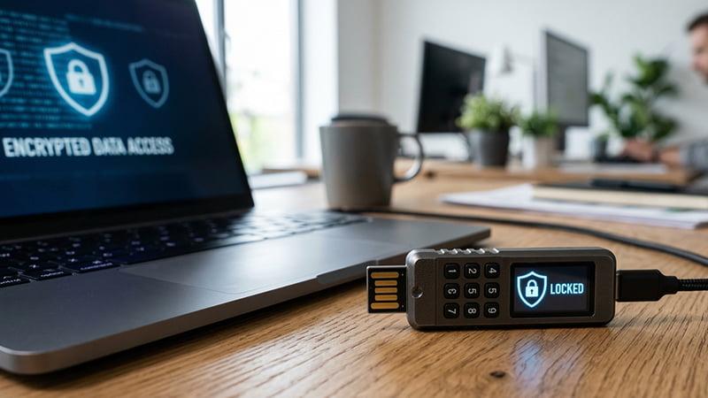 Hardware encrypted thumb drive connected to a laptop
