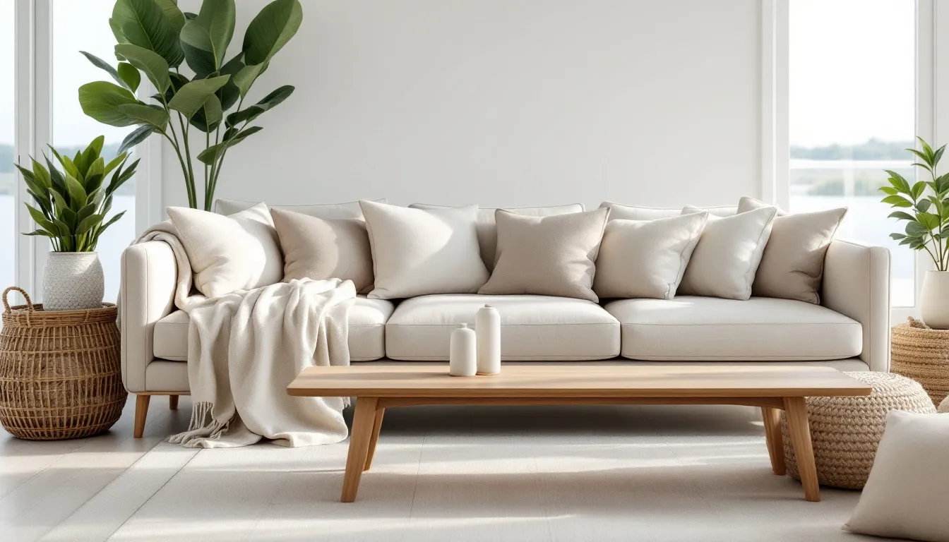 In a bright coastal home, the living room features a light-colored sofa adorned with layered linen throws, complemented by a natural wood coffee table, creating a cozy and inviting atmosphere perfect for casual summer gatherings. The space is styled with soft pillows and a relaxed, comfortable vibe that embodies California casual fall inspiration.