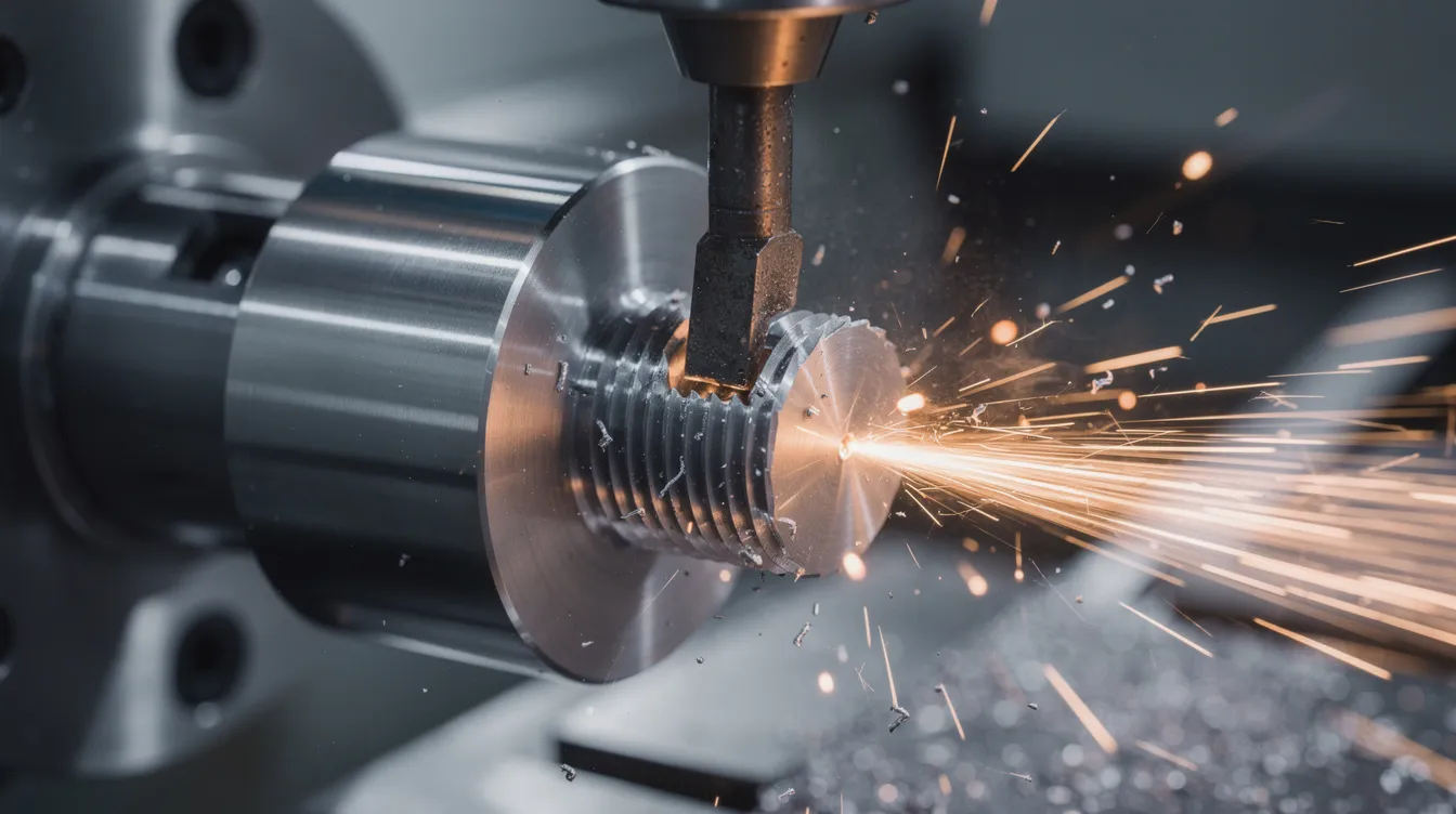 A close-up view of a CNC lathe in operation, precisely cutting external threads on a steel shaft, showcasing the intricate details of the thread pitch and the major diameter. The image highlights the machine's accuracy and the cutter's engagement with the material, emphasizing the importance of specifications in thread milling.