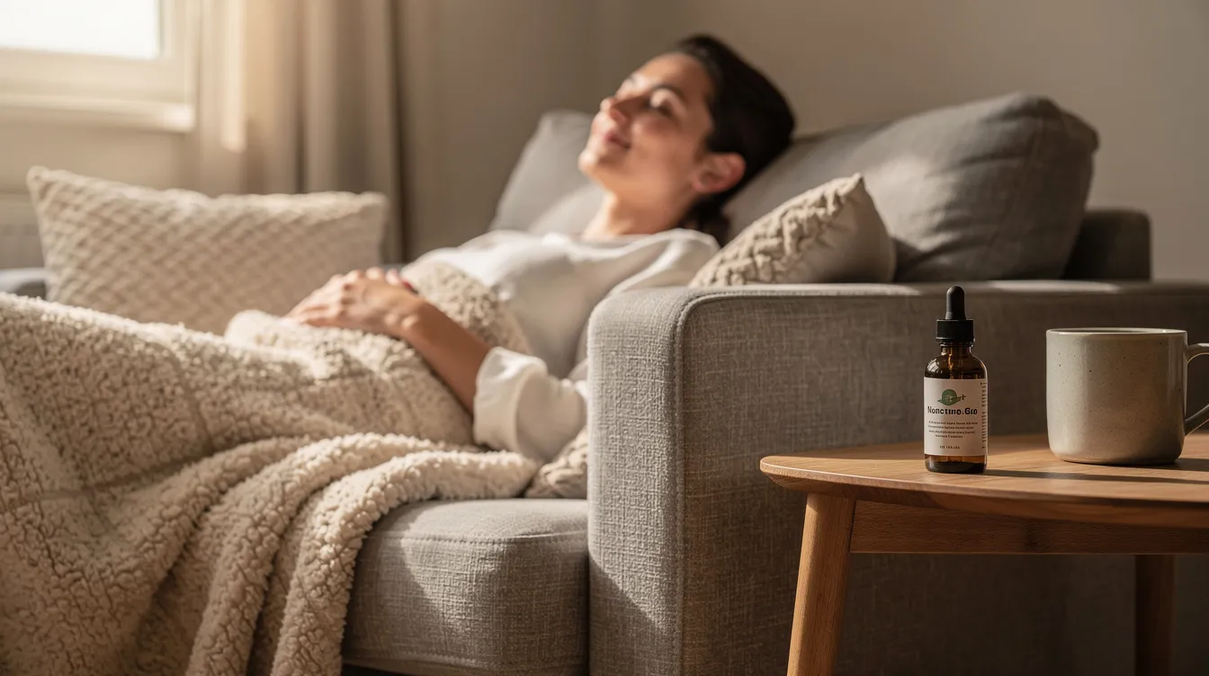 A person is seen relaxing on a couch, with a small bottle of hemp-derived tincture oil placed on a side table nearby. The scene suggests a calm atmosphere, potentially highlighting the use of cannabis products for relaxation within the context of Delaware's medical marijuana program.