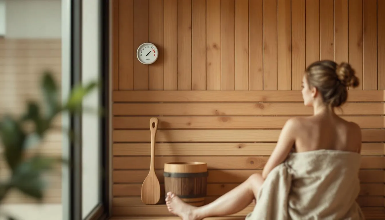 Safety precautions for sauna users illustrated in a sauna setting.