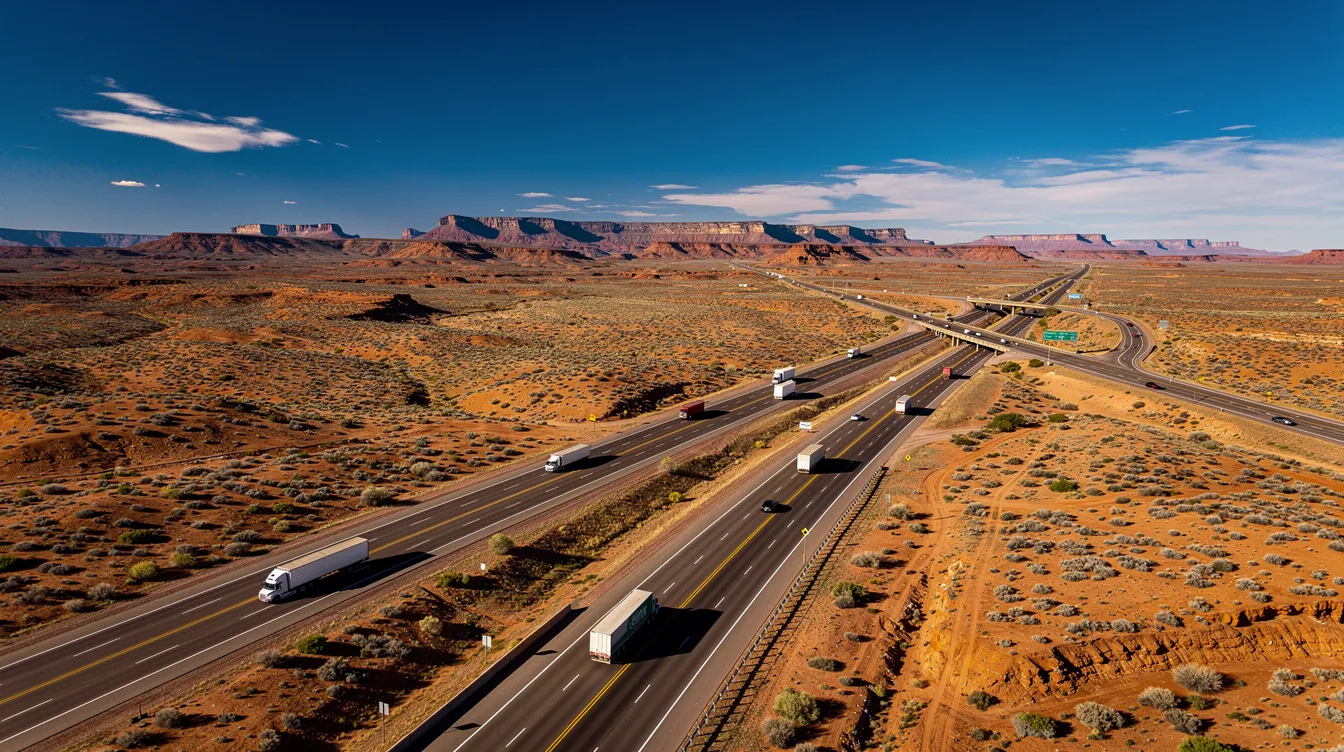 An aerial view captures the vast New Mexico desert landscape, with an interstate highway visibly cutting through the terrain. This scene highlights the expansive open spaces typical of the region, which is significant for auto transport services, including car shipping options for routes in New Mexico.