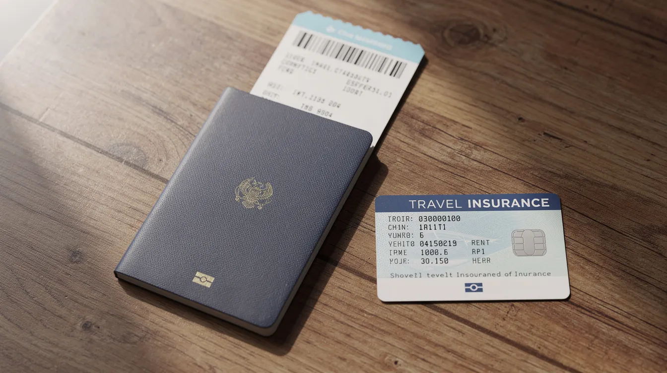 The image displays essential travel documents including a passport, a boarding pass, and an insurance card neatly arranged on a wooden table, perfect for travelers planning a trip to Europe or the Schengen area. These items are crucial for ensuring a smooth journey and compliance with required documents for visiting visa exempt countries.