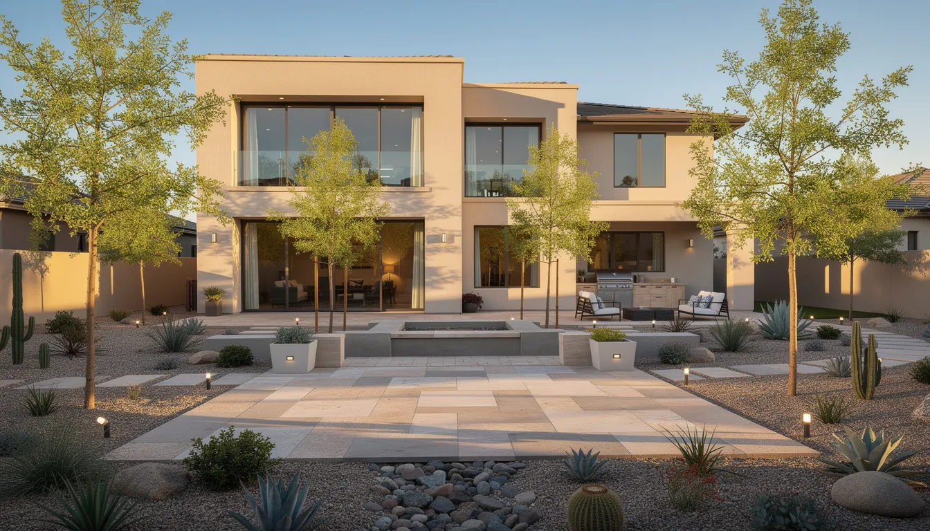 The image depicts a newly constructed two-story home with a beautifully designed outdoor space, featuring a stone patio surrounded by young trees and desert landscaping, perfect for creating a dream garden. This backyard design showcases elements of modern landscape design, offering inspiration for homeowners looking to enhance their own yards.