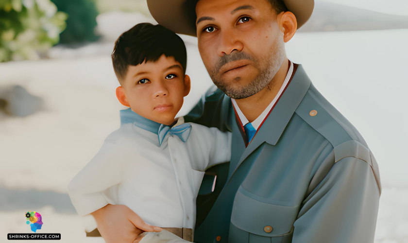 A father and his son posing for the camera 