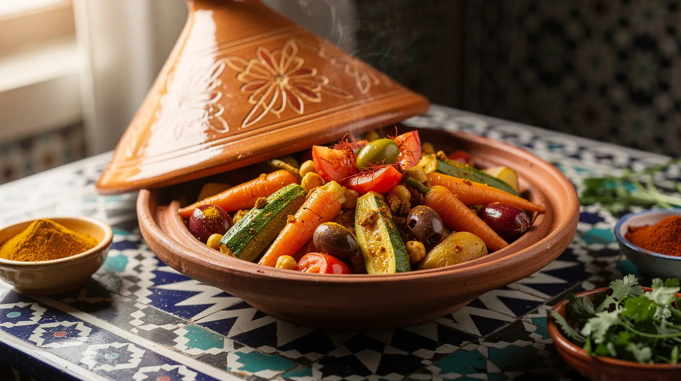 A vibrant Moroccan tagine dish filled with colorful vegetables and aromatic spices is beautifully presented on a decorative tile table, showcasing the essence of Moroccan cuisine. This traditional meal reflects the rich cultural heritage of Morocco, inviting visitors to experience the flavors of the country on their journey through the bustling souks and ancient medinas.