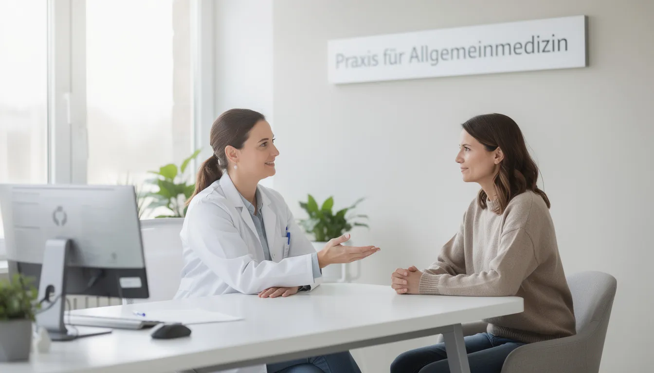 In der modernen Praxis sitzt eine Ärztin am Tisch und führt ein Beratungsgespräch mit einer Patientin. Sie diskutieren die Wirkung von THC und CBD sowie die Anwendung von Cannabis als Medikament, während medizinische Unterlagen und ein Computer auf dem Tisch stehen.