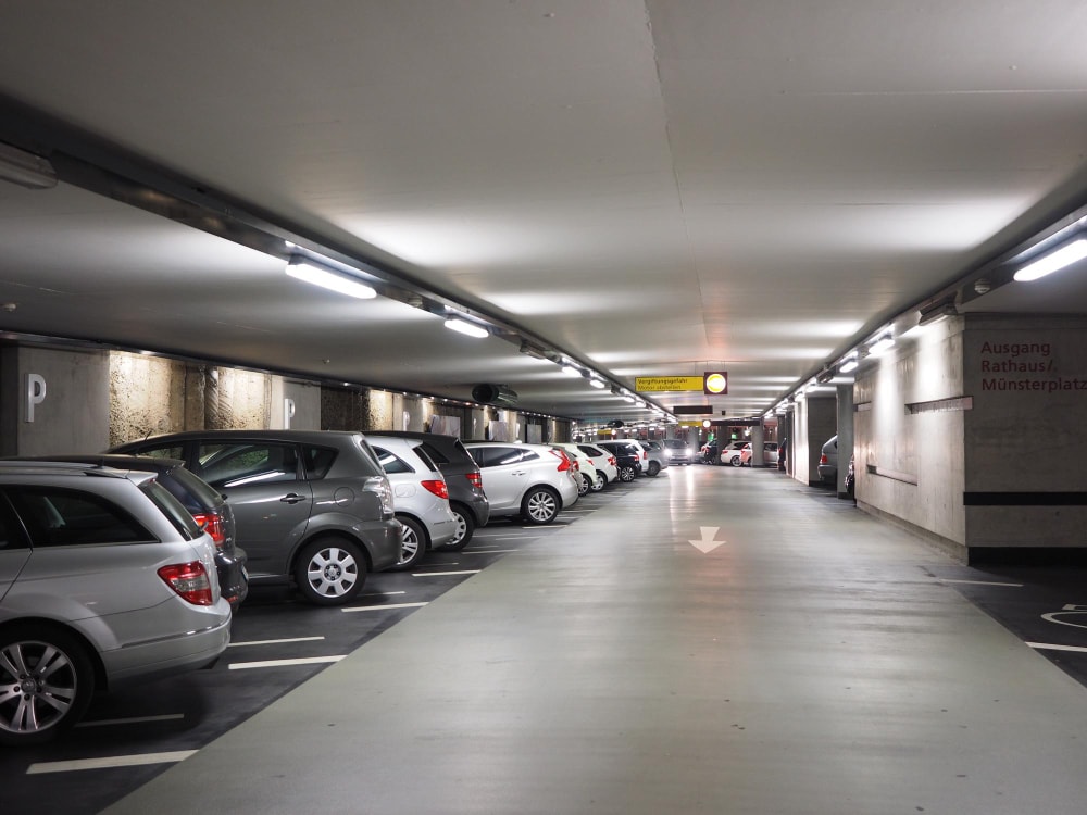 Multi-story parking garage with an LPR system capturing license plate data.