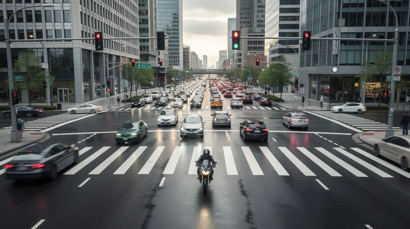 The image depicts a busy urban intersection bustling with various motor vehicles, including a motorcycle and several passenger cars, alongside a marked pedestrian crosswalk. This scene highlights the importance of motorcycle safety and the need for all road users, including motorcycle riders and pedestrians, to be aware of their surroundings to safely share the road.