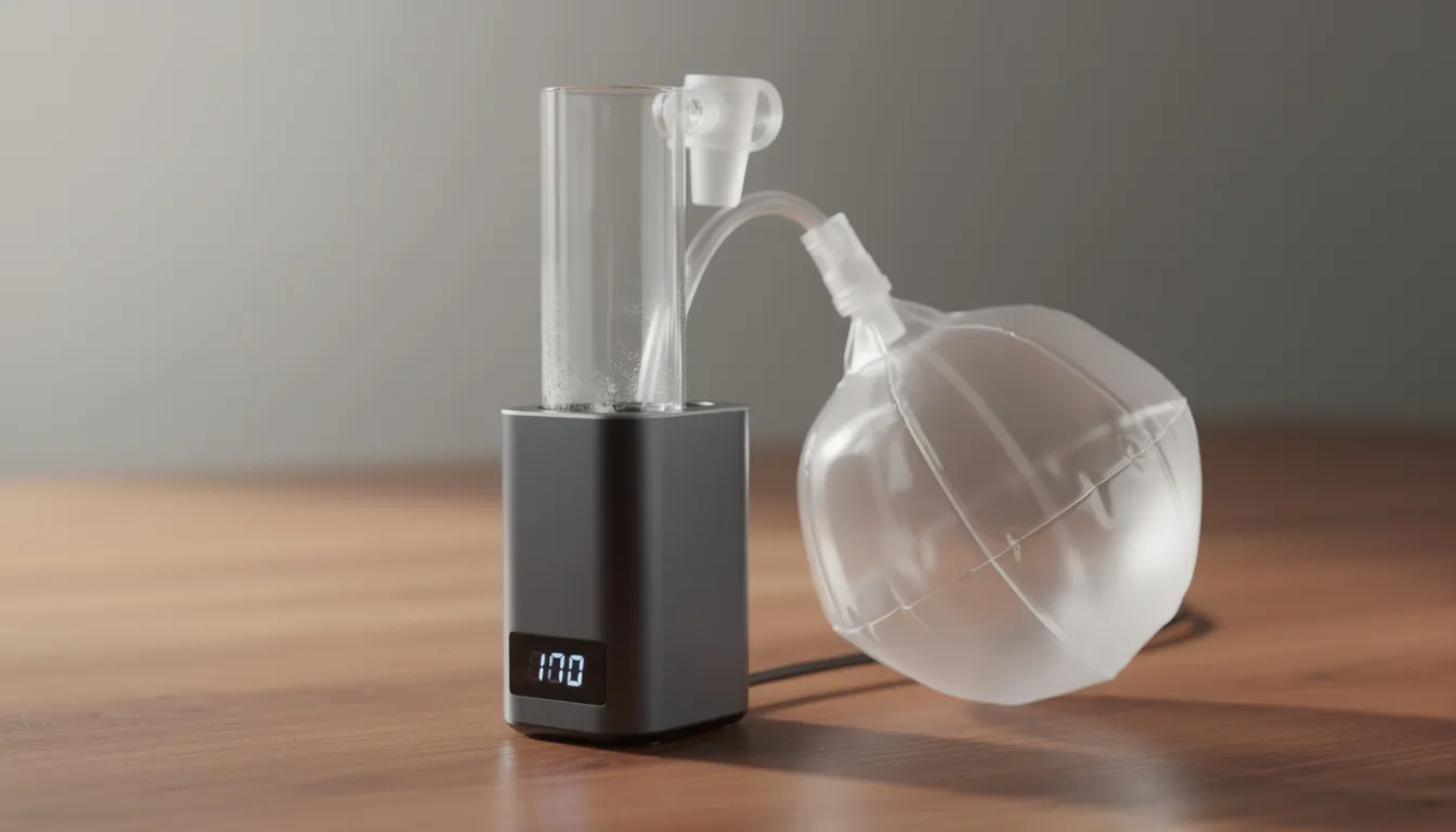 Das Bild zeigt einen Desktop-Vaporizer, den Arizer Extreme Q, mit Glaskomponenten und einem Ballonaufsatz auf einer Holzoberfläche. Der Vaporizer ist in einem eleganten Design gehalten und bietet verschiedene Temperatureinstellungen für eine optimale Dampfqualität.