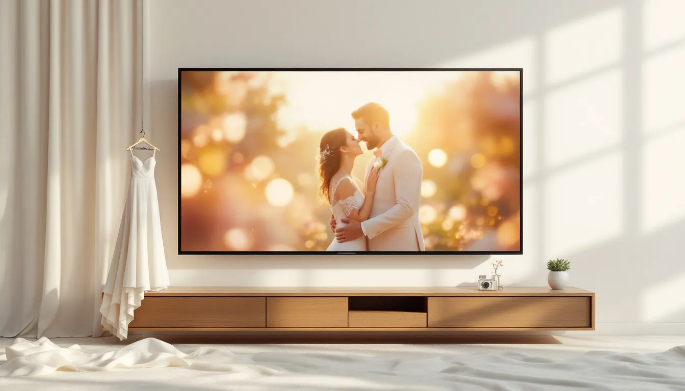 A beautifully produced wedding film playing on a screen, illustrating the value of hiring a professional wedding videographer.