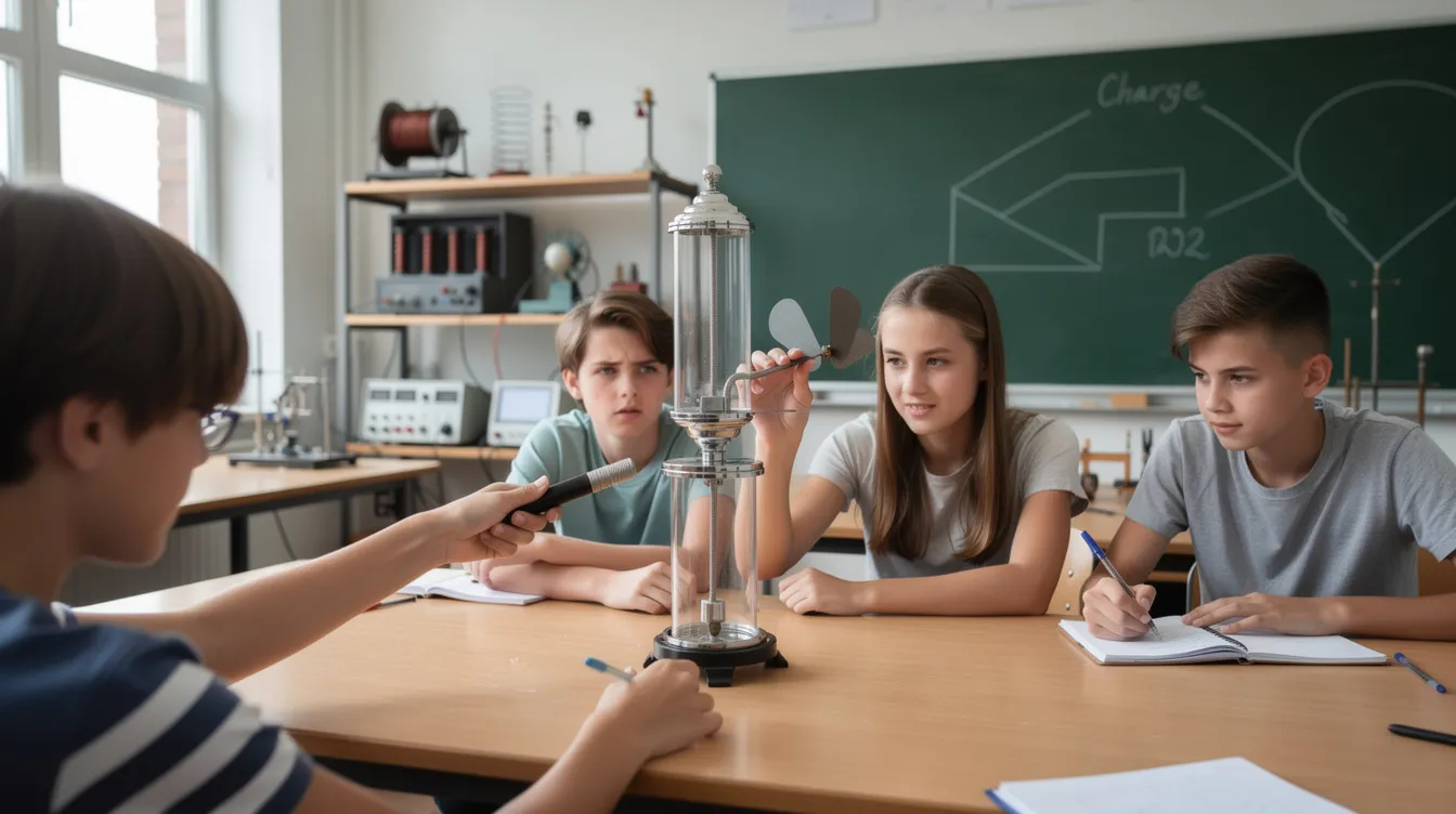 Na zdjęciu widać uczni&oacute;w przeprowadzających eksperyment z elektroskopem oraz pałeczką ebonitową w szkolnym laboratorium fizyki. Uczniowie badają ładunki elektryczne, naelektryzowane dodatnio, co jest częścią przygotowań do sprawdzianu z fizyki w klasie 8.