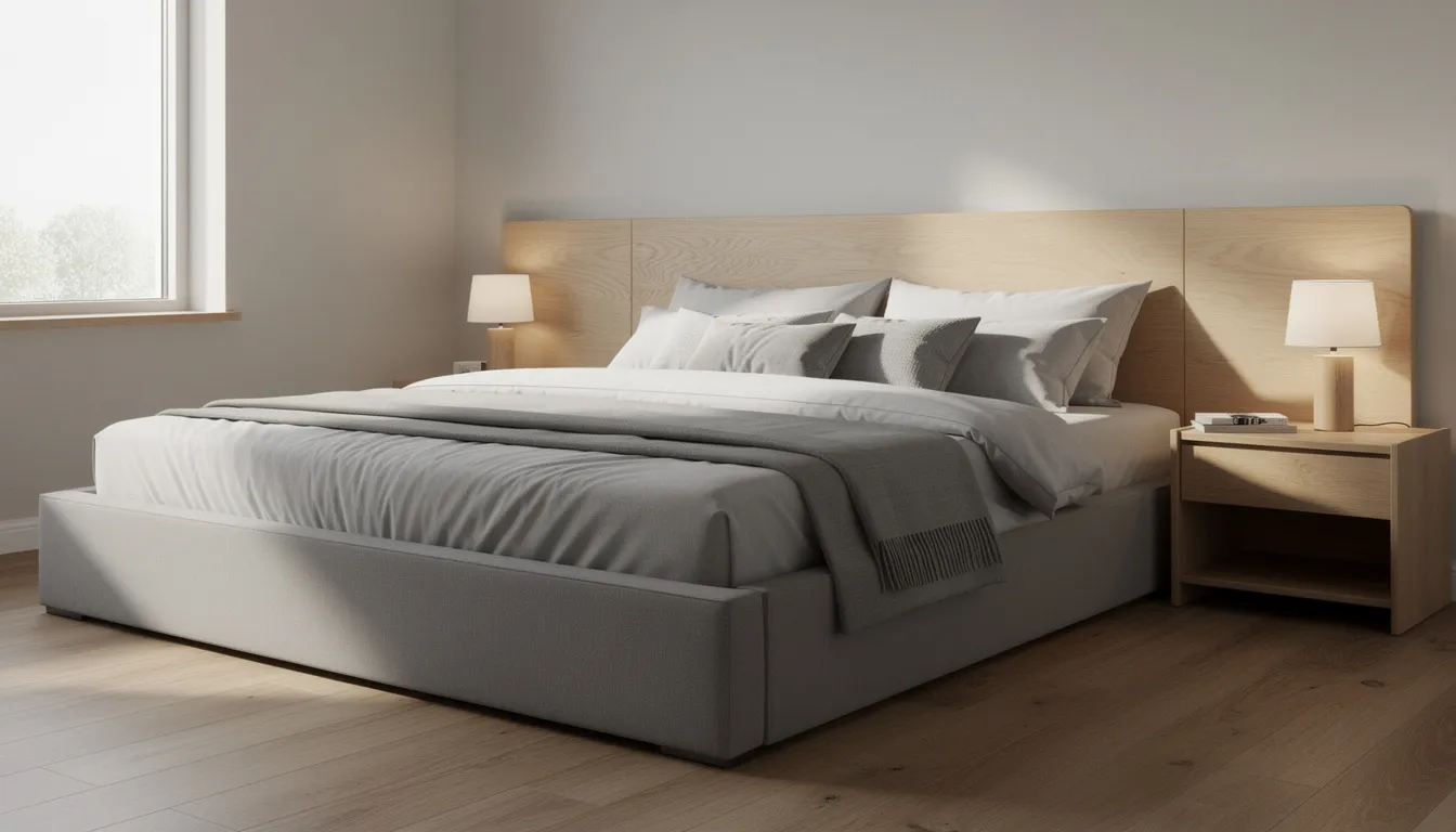 Ett sovrum med en elegant kontinentalsäng i grå klädsel, kompletterad med en stilren sänggavel i trä. Rummet utstrålar modern design och erbjuder inspiration för inredning av hemmet.